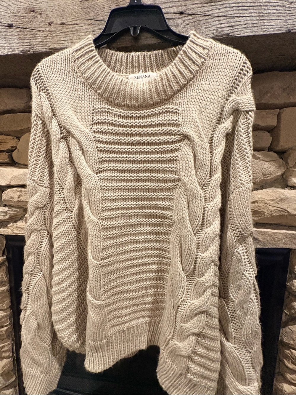 Zenana Outfitters Beige Cable Knit Crewneck Sweater
